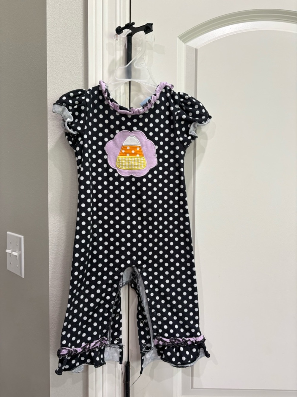 Three Sisters black & white polka dot Halloween one piece with candy corn 18m